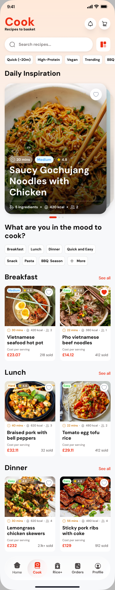 Cook screen in the oriori app showing shoppable recipes