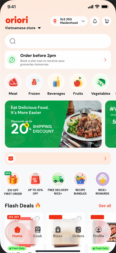 oriori app home screen with grocery categories, real launch promotions and flash deals