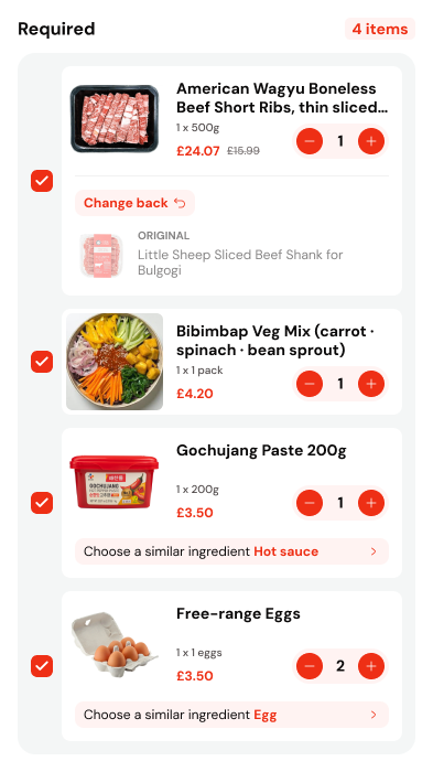 oriori app showing the products, quantities and substitutions needed for a recipe