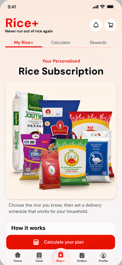 Rice subscription screen showing a selection of familiar rice brands